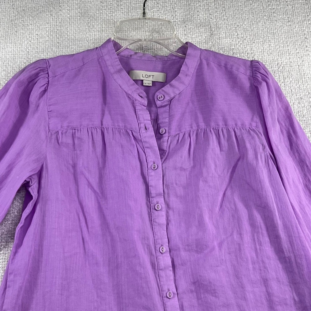 LOFT Purple Band Collar Button Down Blouse 3/4 Sleeve Pleated Yoke Size M - Picture 3 of 10